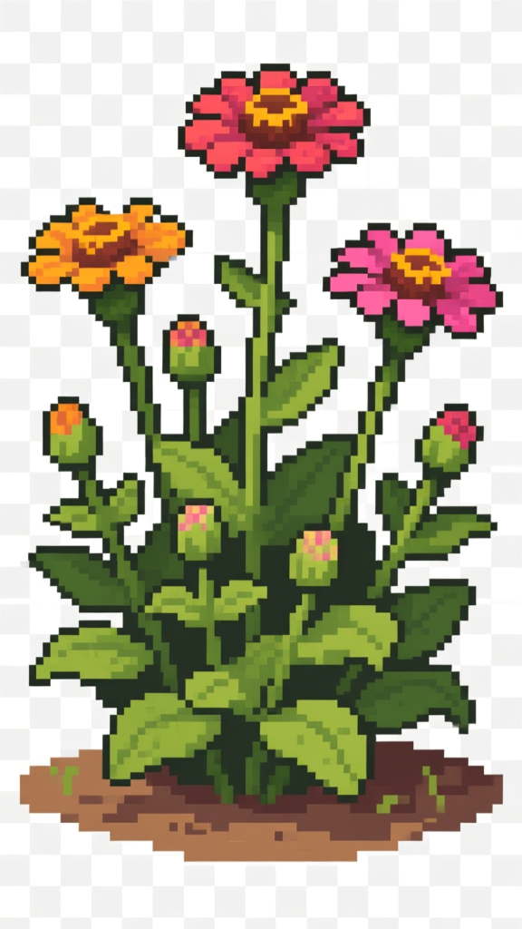 Pixel Art Zinnia Flower Clump