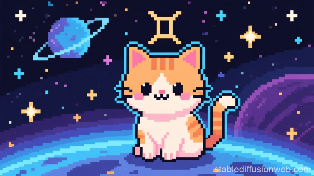 Pixel Art Zodiac Kitten with Gemini Symbol in Space