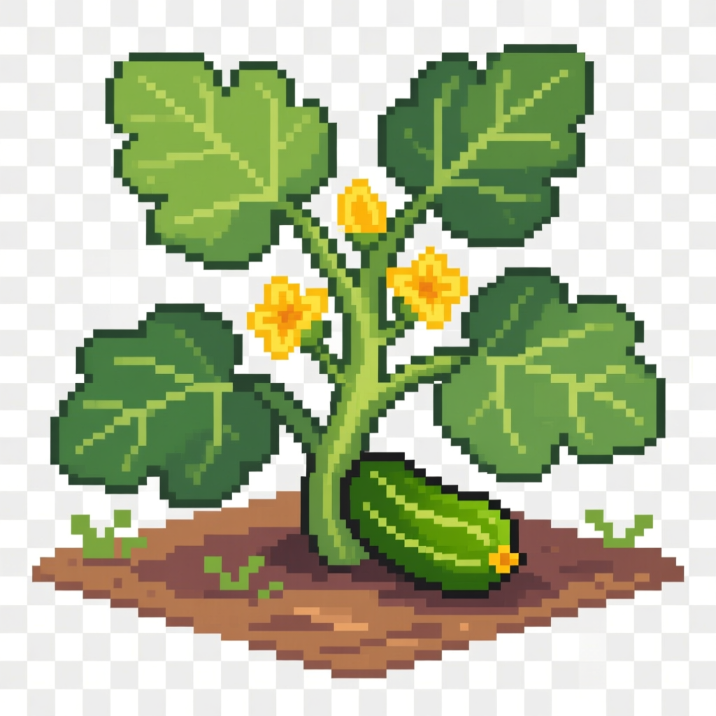 Pixel Art Zucchini Plant with Leaves and Flowers