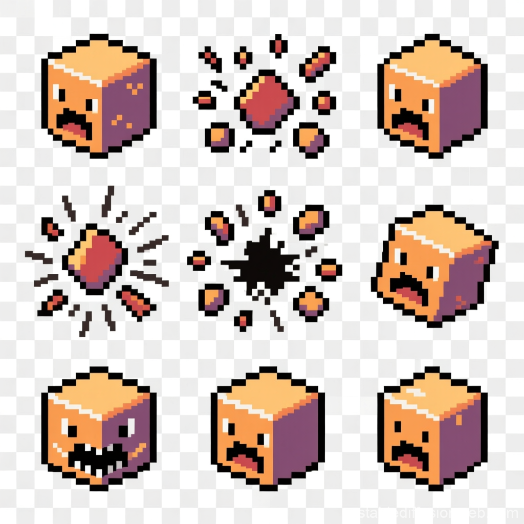 Pixel Cube Enemy with Explosion Animation Frames