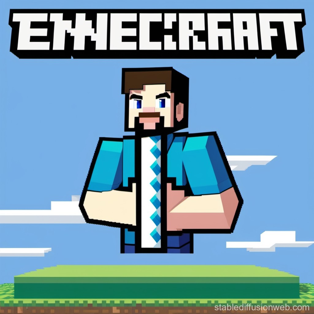 Pixelated Minecraft Character with Blocky Landscape