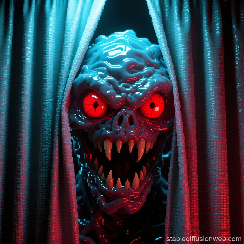 Pixelated Monster with Glowing Red Eyes Behind Curtains
