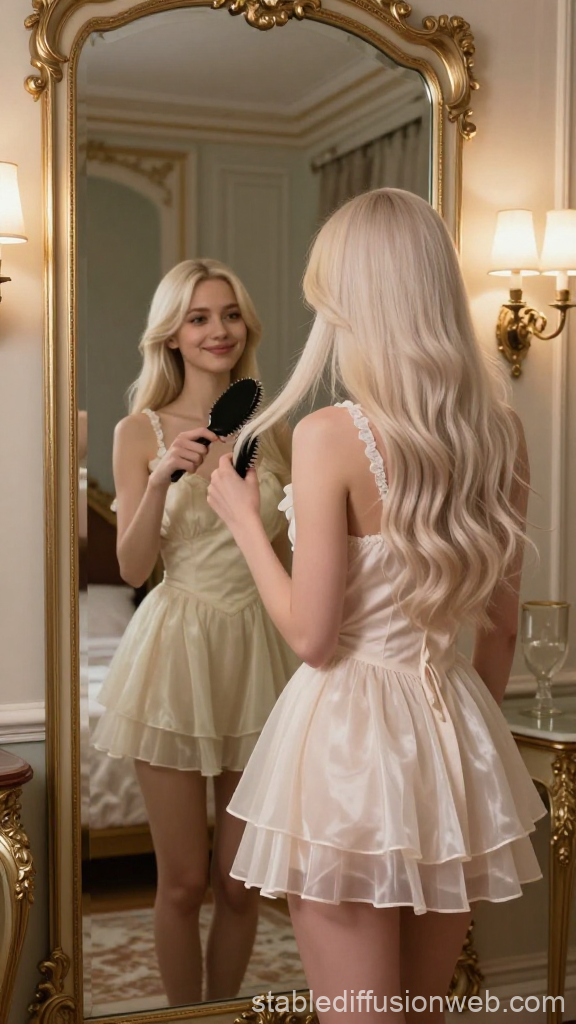 Platinum Blonde Woman Brushing Hair in Elegant Room