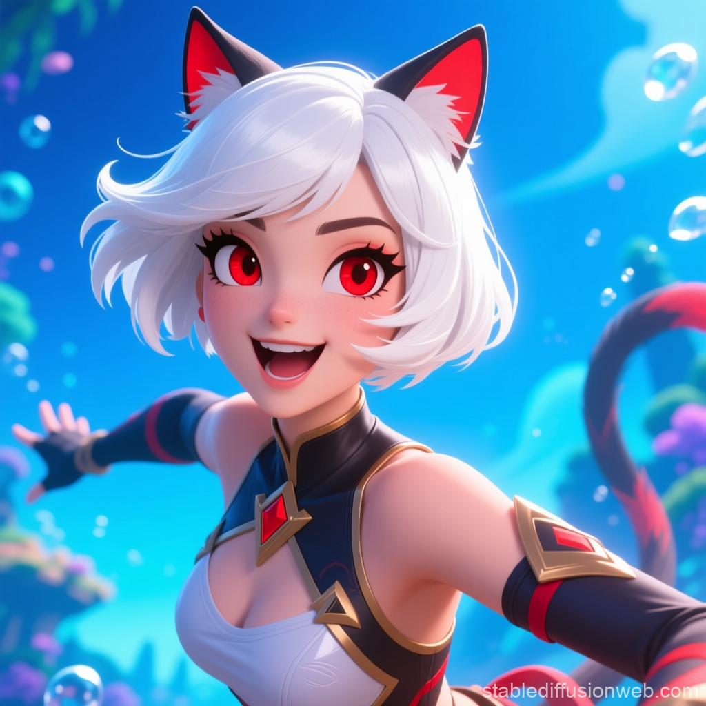 Playful Anime Cat-Eared Girl with White Hair and Red Eyes