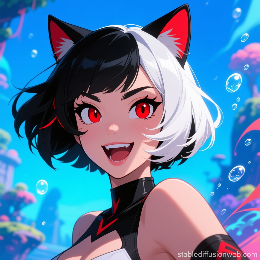 Playful Anime Woman with Cat Ears and Two-Tone Hair
