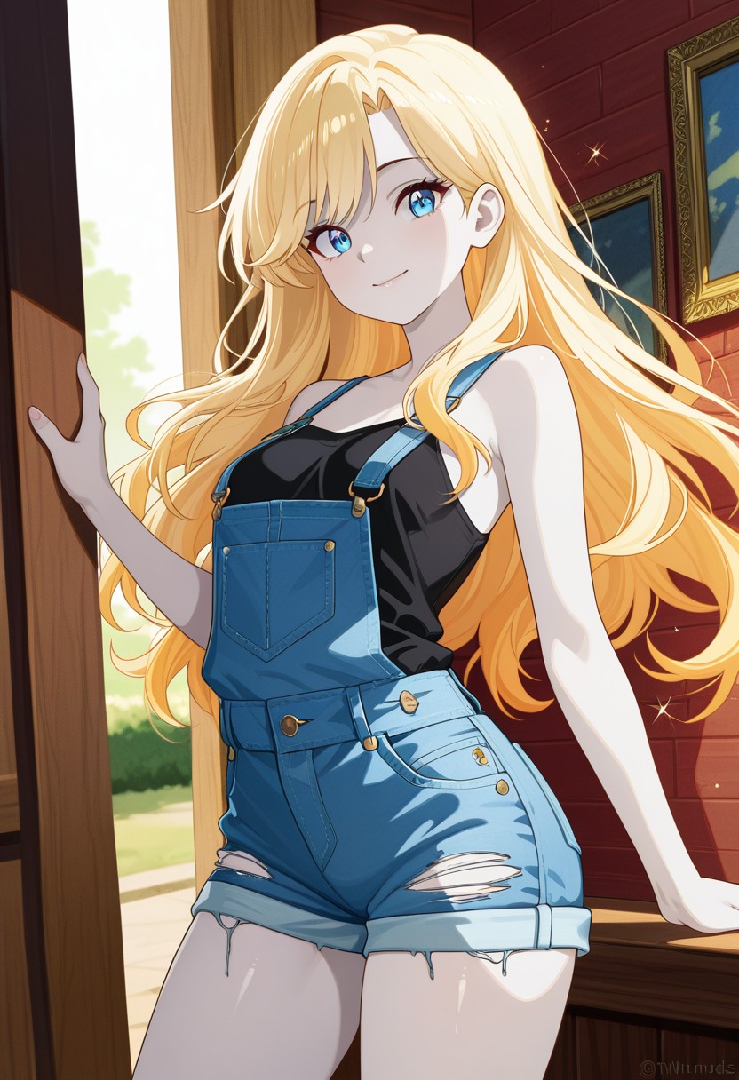 Playful Blonde Girl in Denim Overalls