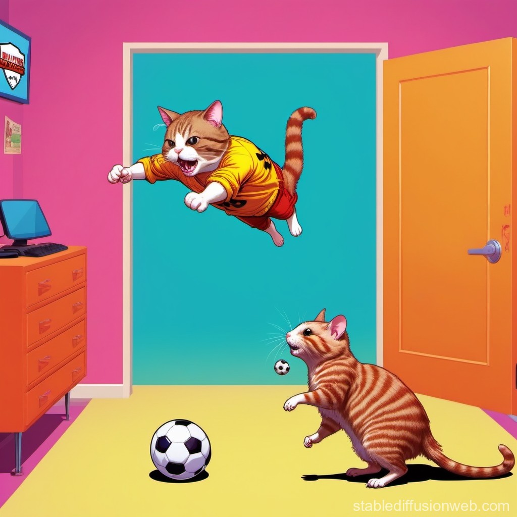 Playful Cats in a Colorful Room Kicking Soccer Balls