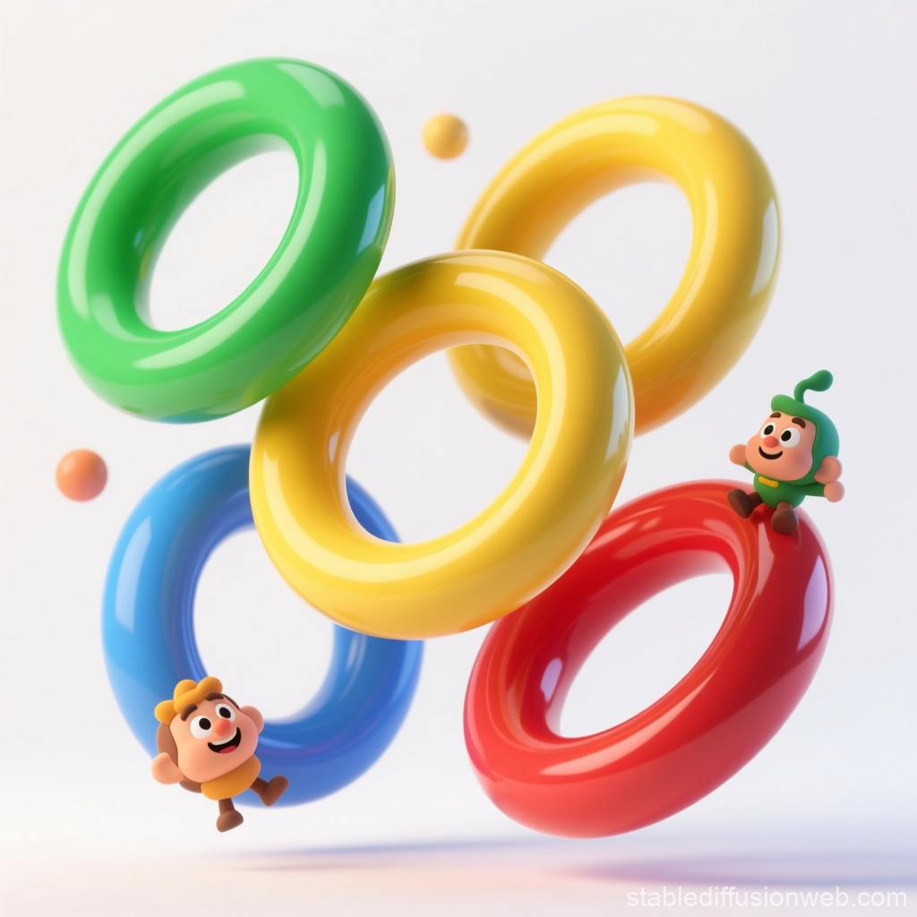 Playful Characters with Floating Colorful Hoops