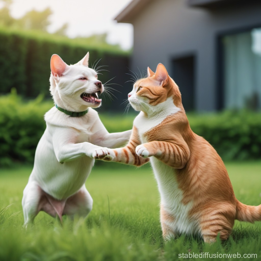 Playful Dog and Cat Interacting in Garden