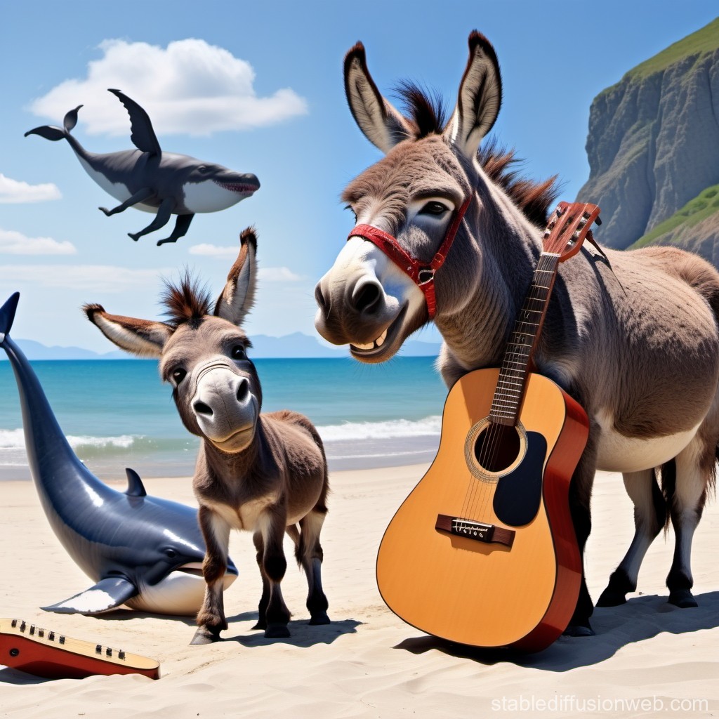 Playful Donkeys and Whales on a Sunny Beach with Guitars