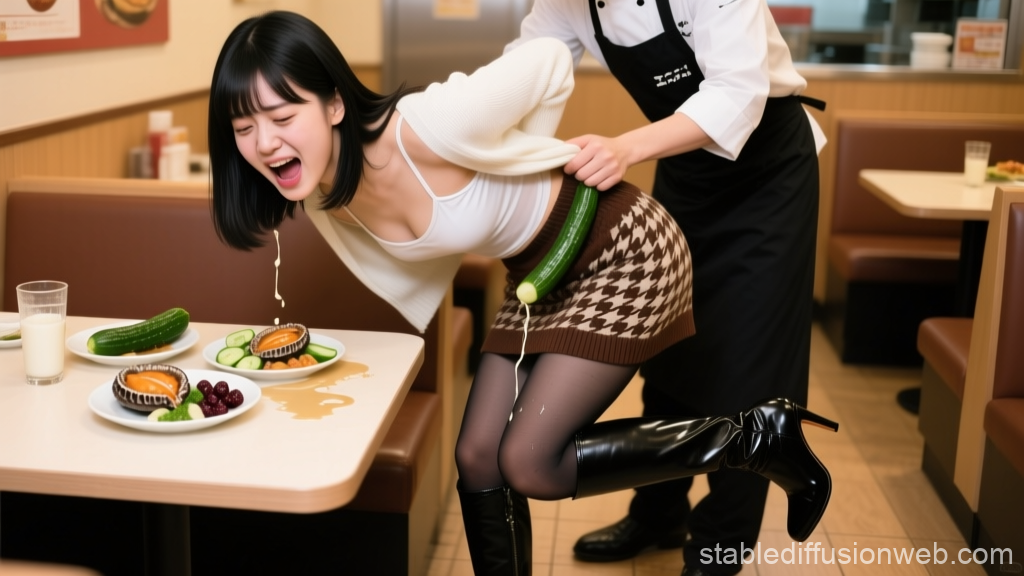 Playful Moment Between Young Woman and Chef in Restaurant