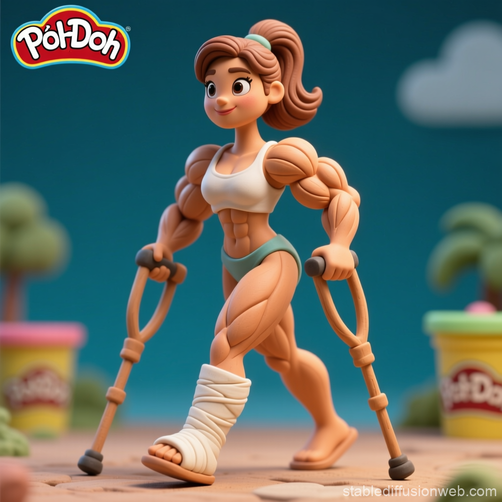 Playful Muscular Woman with Plaster Using Crutches in Play-Doh Style