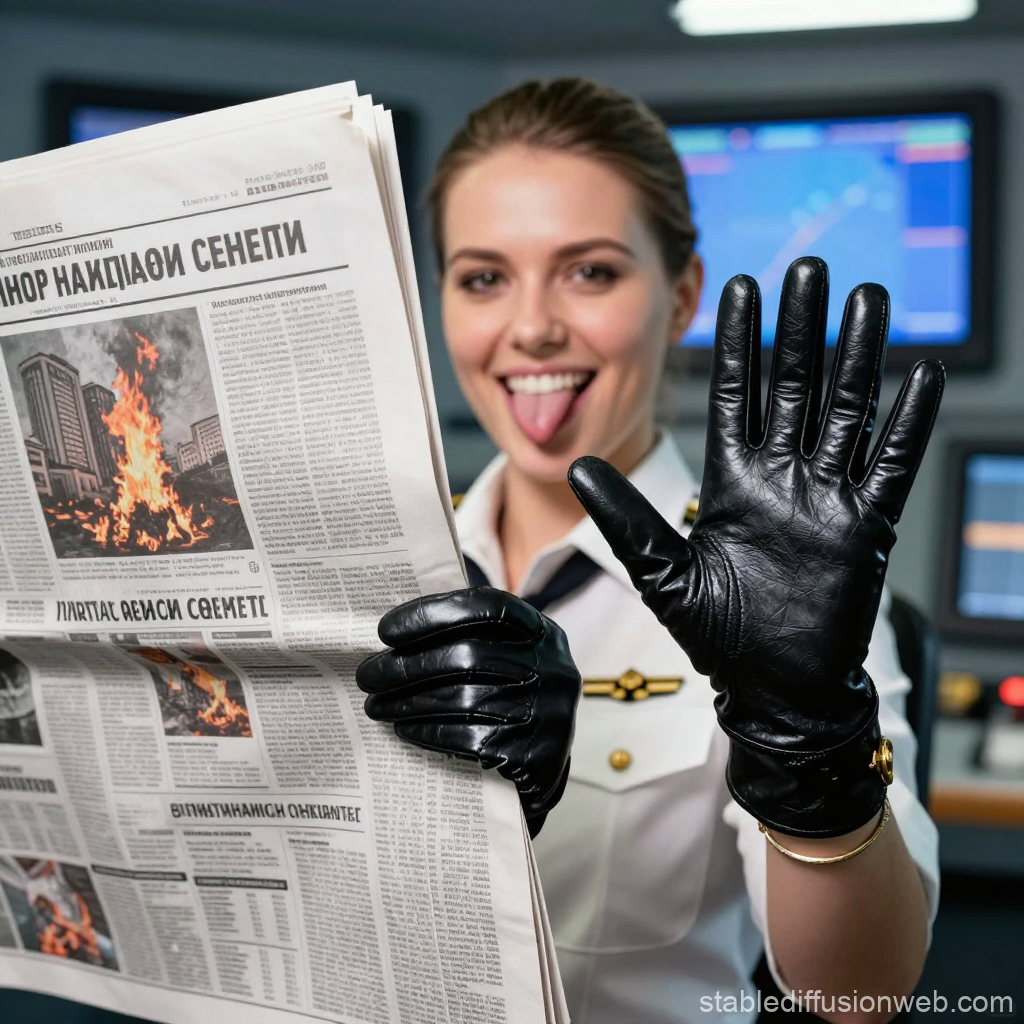 Playful Officer Holding Newspaper with Black Leather Gloves