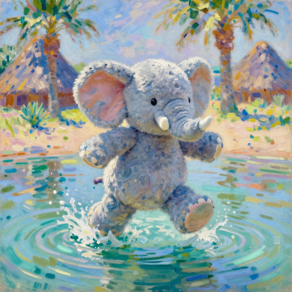 Playful Plush Elephant Splashing in Tropical Water