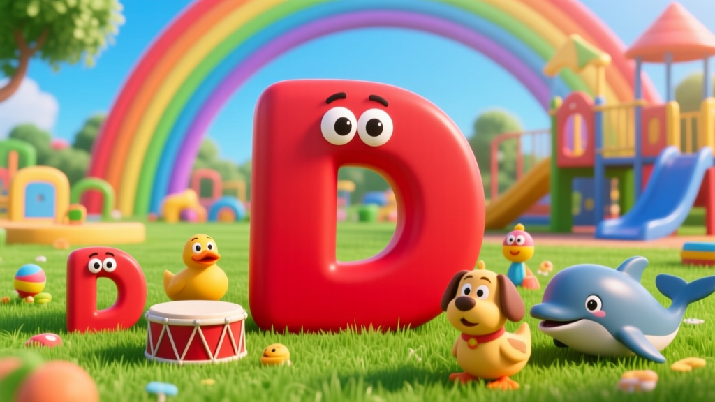 Playful Red Letter D with Cartoon Animals in Colorful Playground