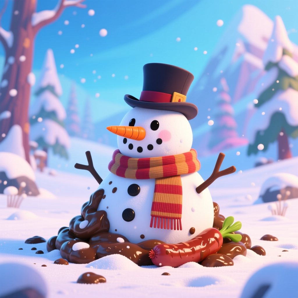 Playful Snowman Surrounded by Mud and Sausage in Winter Scene