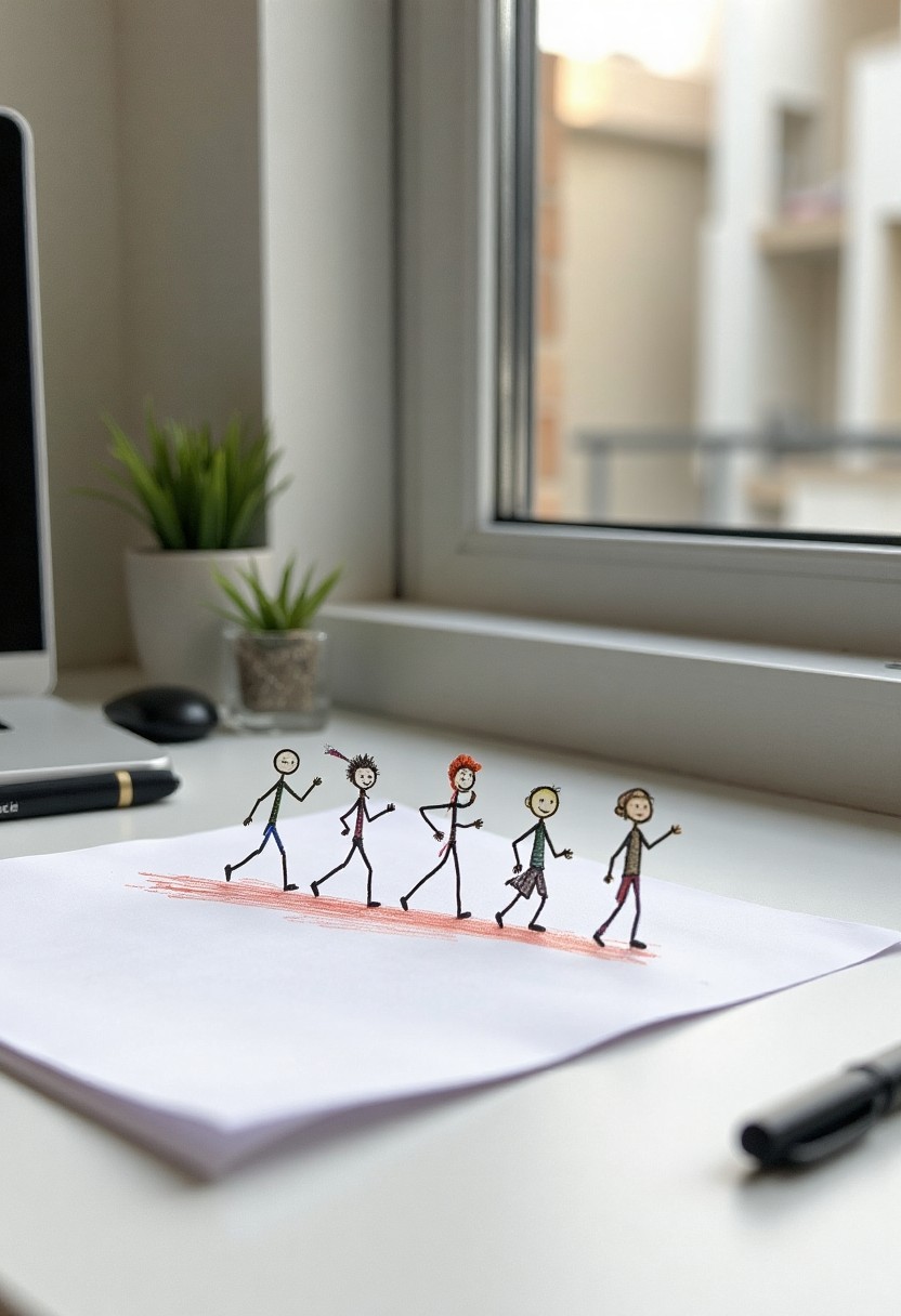 Playful Stick Figure Drawing on Paper by Window