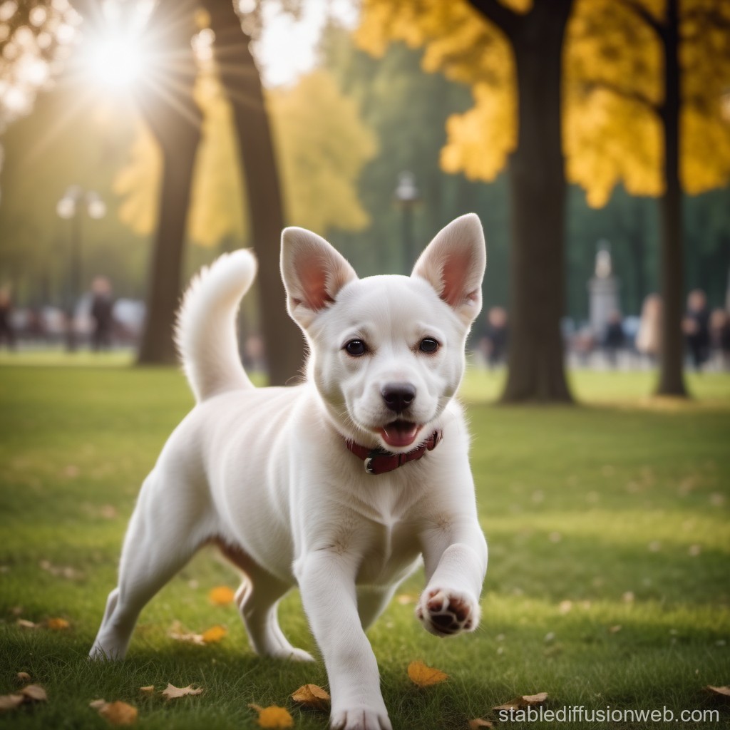 Playful White Puppy Running in Autumn Park