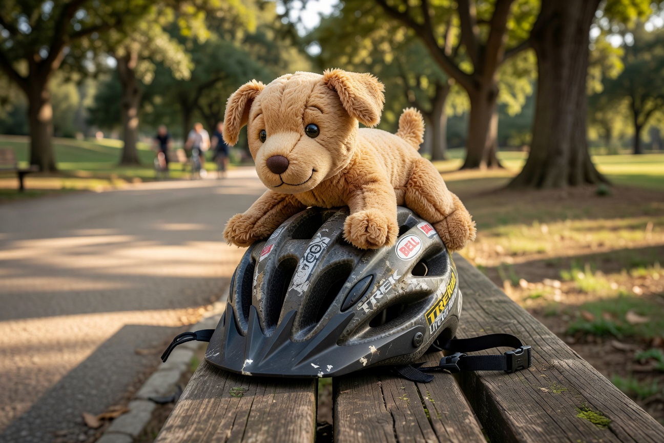 Plush Puppy on Bicycle Helmet