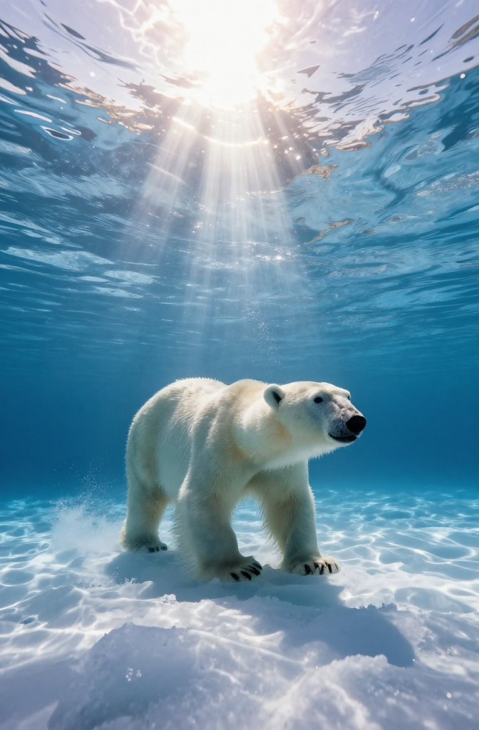 Polar Bear Walking Underwater with Sunlight Rays