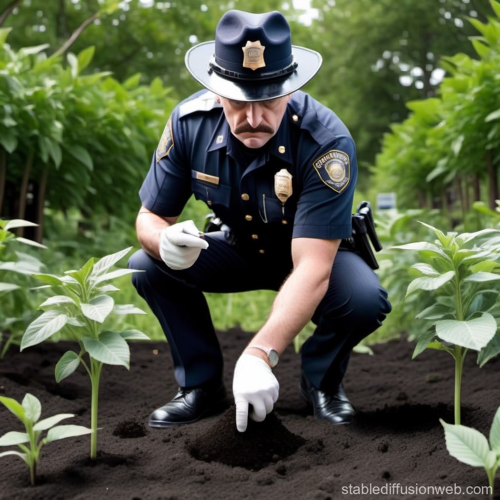 Police Officer Investigating Soil in Garden