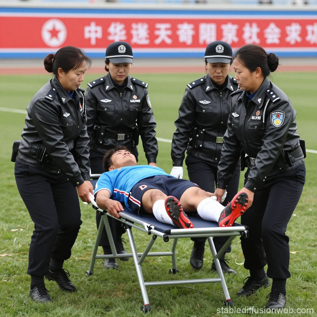 Police Officers Carrying Injured Soccer Player on Stretcher