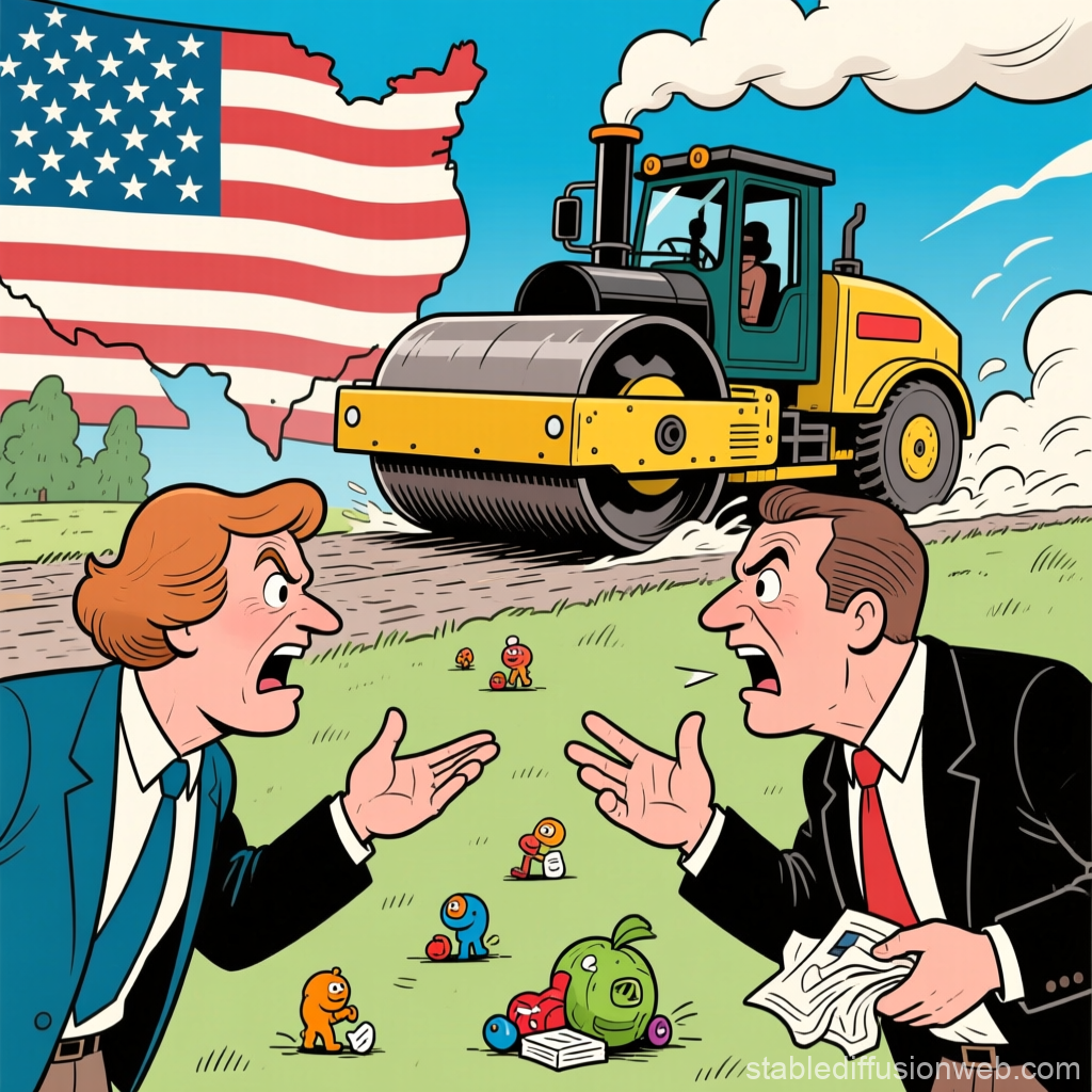 Political Clash with Steamroller and Divided America Flag
