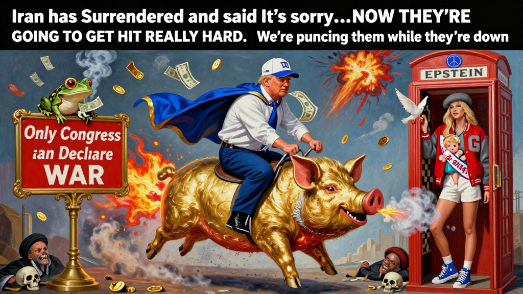 Political Satire Featuring a Man Riding a Fiery Golden Pig