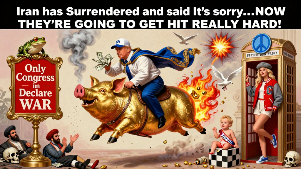 Political Satire: Man Riding Golden War Pig with Explosions