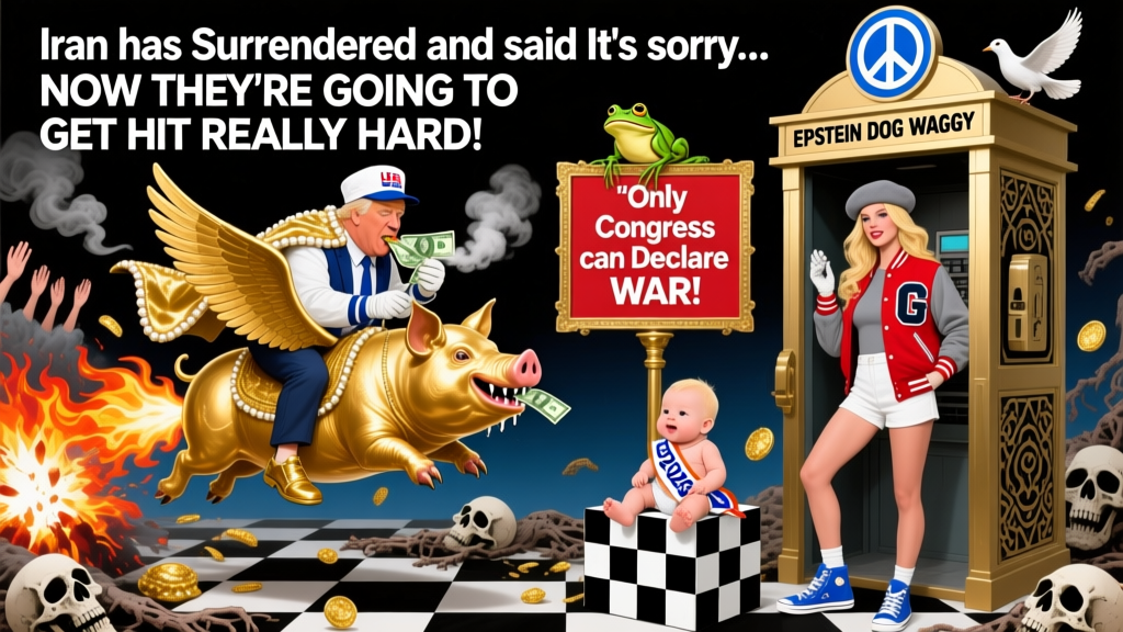 Political Satire with Flying War Pig and Symbolic Figures