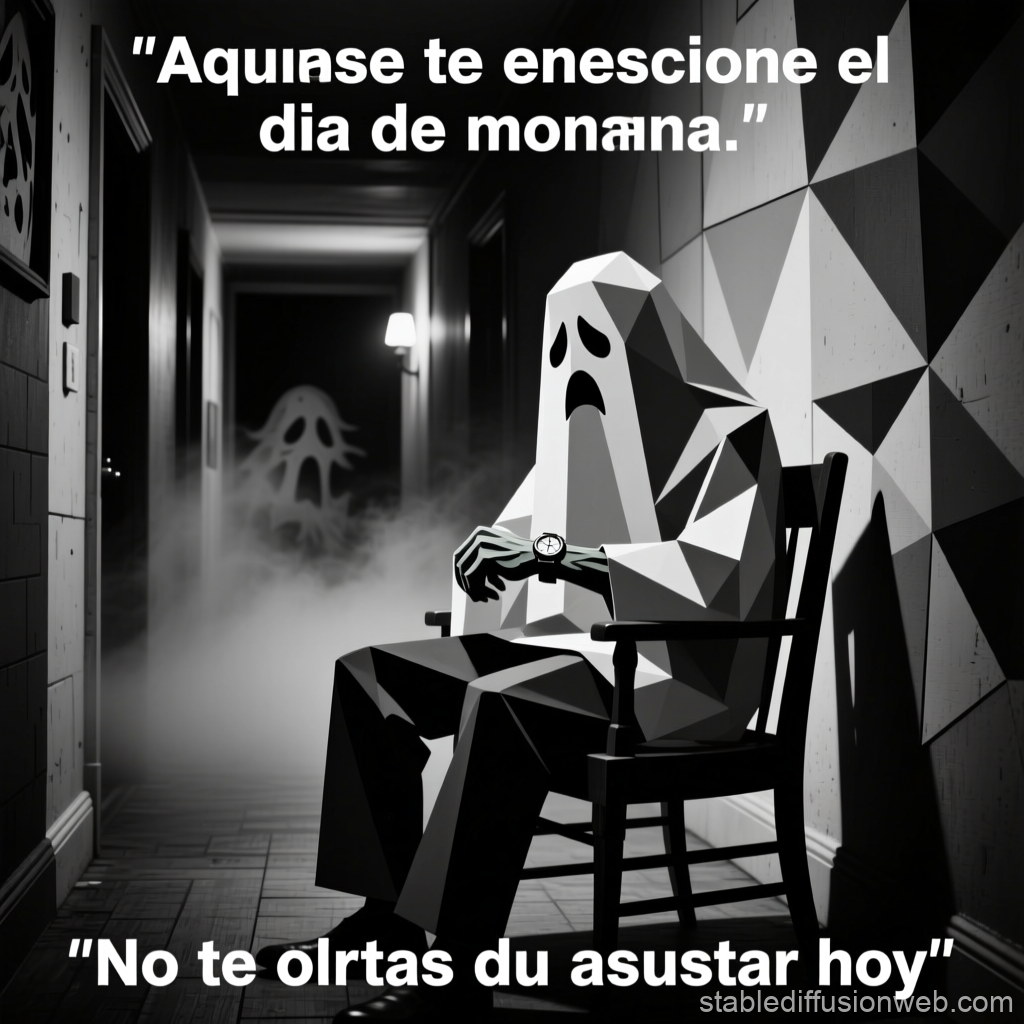 Polygonal Ghost Waiting in Hallway with Spanish Text