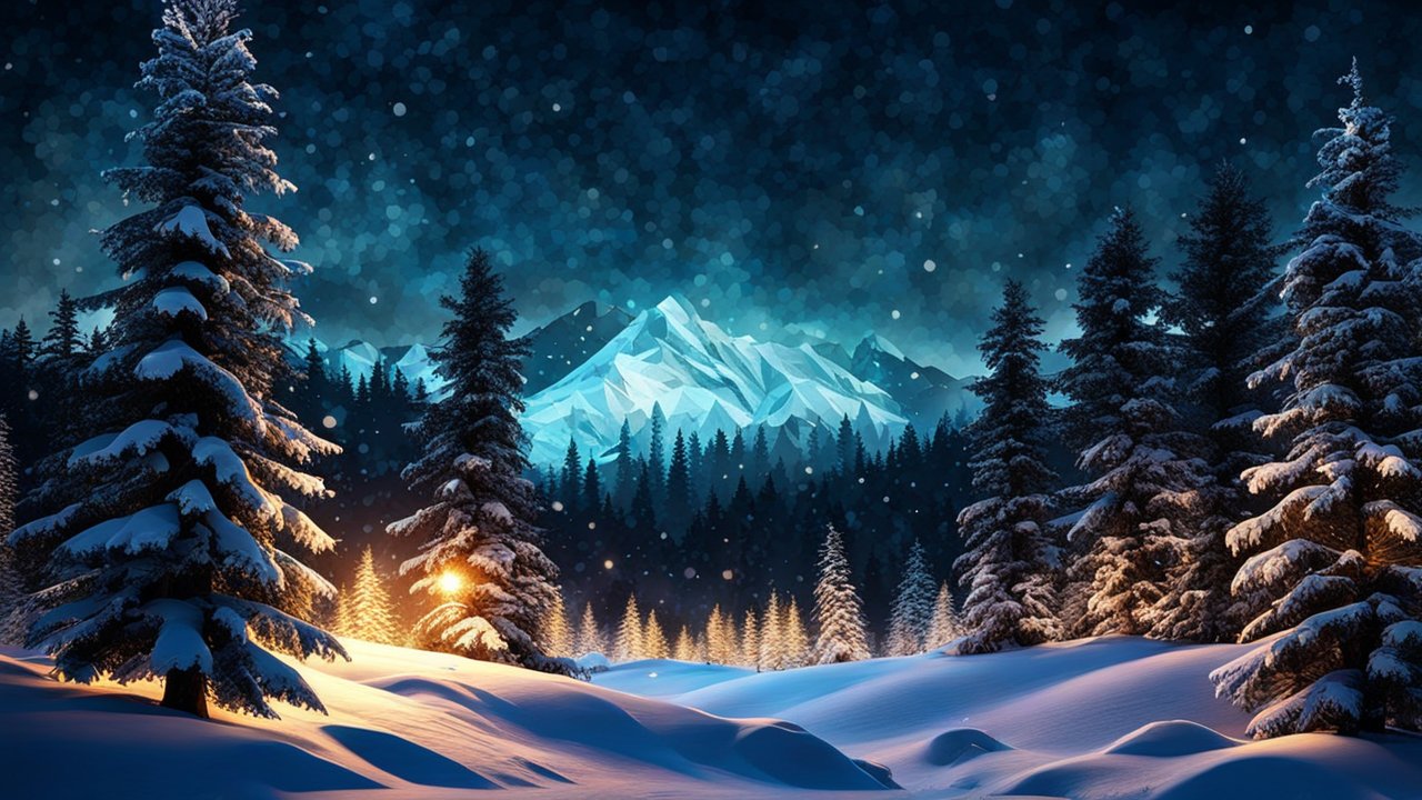 Polygonal Winter Night Landscape with Snow-Covered Pines