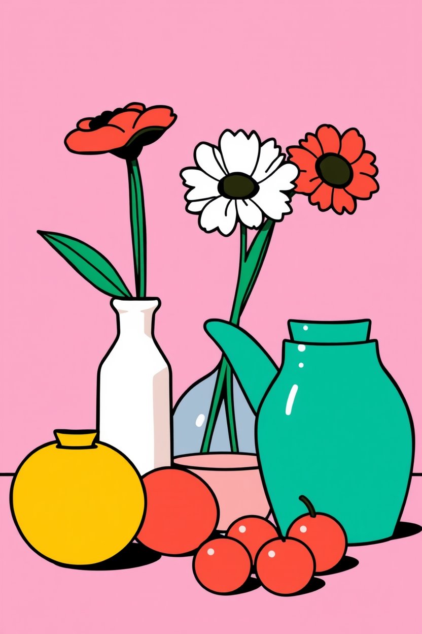 Pop Art Still Life with Bold Black Outlines