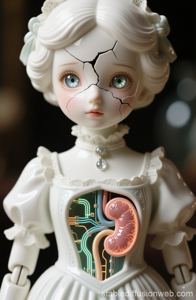 Porcelain Doll with Cracked Face and Digital Kidney Illustration