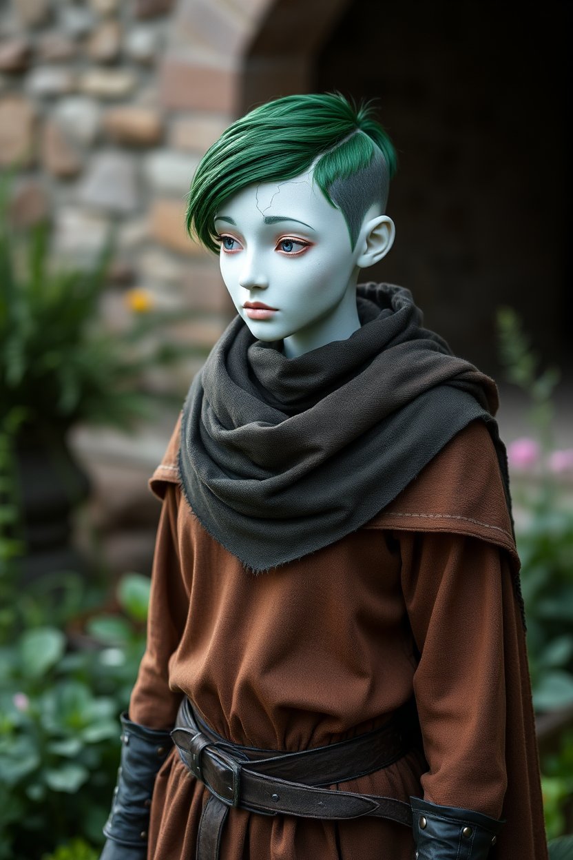 Porcelain Doll with Green Hair in Medieval Attire