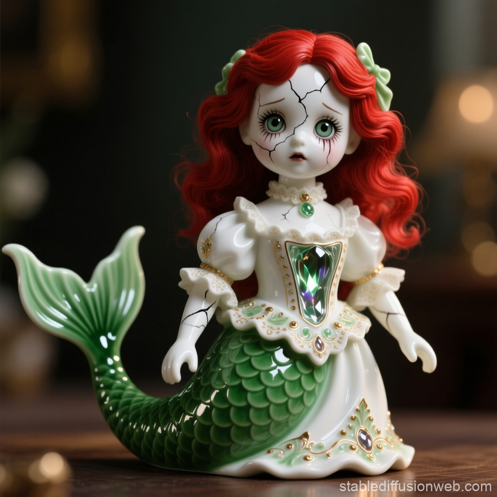 Porcelain Mermaid Doll with Cracks and Red Hair