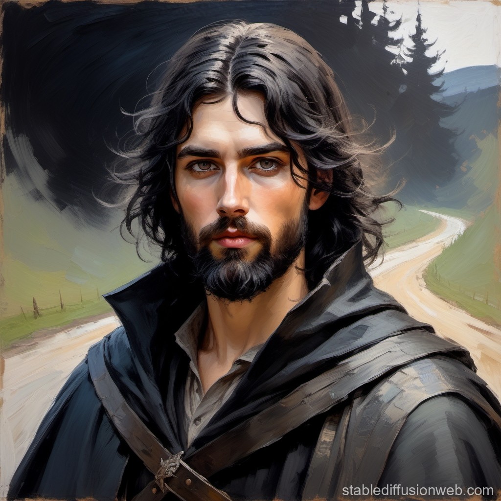 Portrait of a Bearded Man in Medieval Cloak on Forest Path