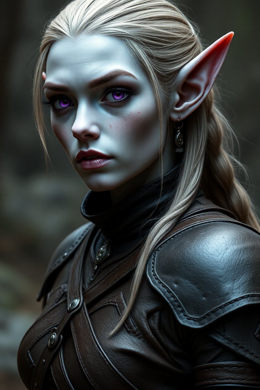 Portrait of a Beautiful Female Elf with Purple Eyes