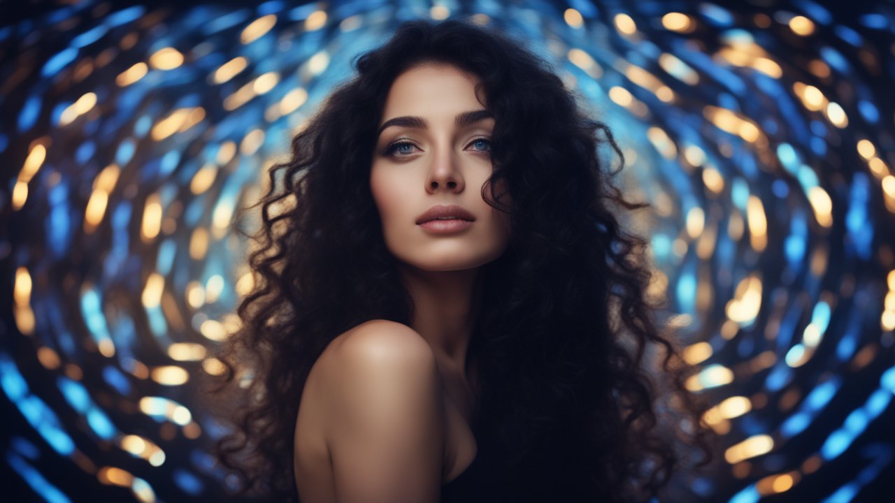 Portrait of a Beautiful Woman with Curly Hair and Bokeh Lights