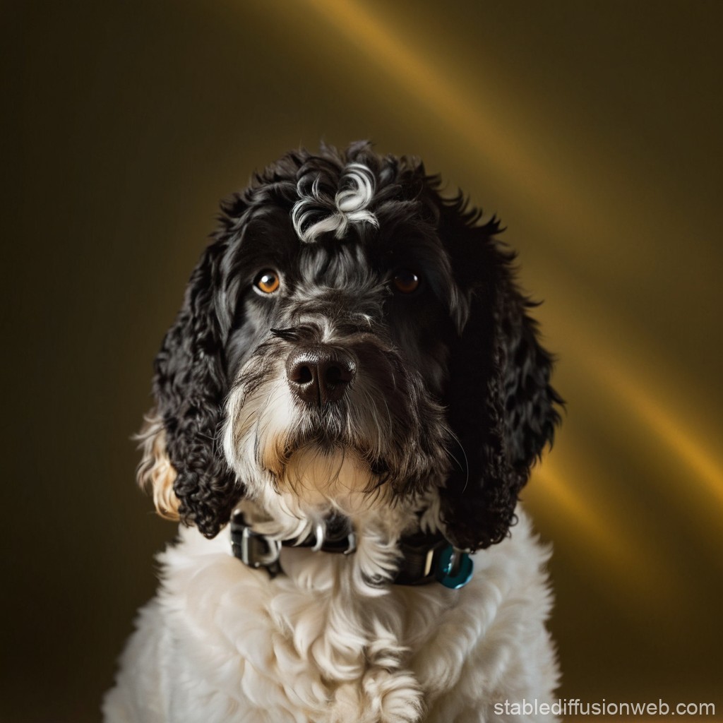 Portrait of a Black and White Curly-Haired Dog