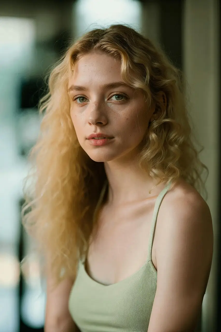 Portrait of a Blonde Woman with Curly Hair