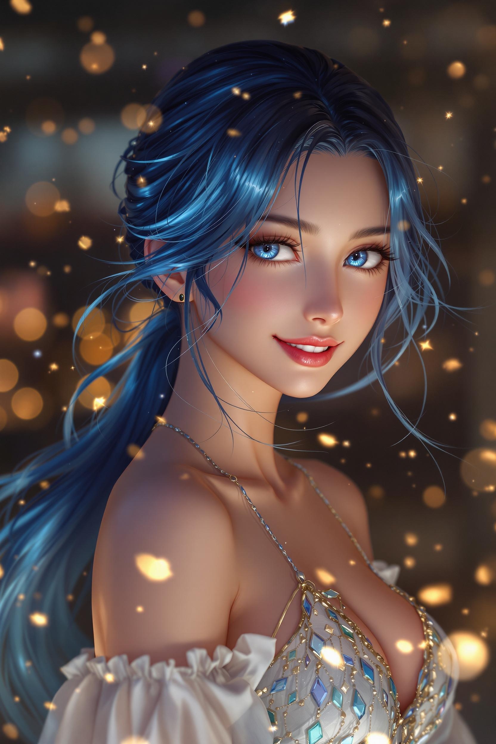 Portrait of a Blue-Haired Anime Woman with Sparkling Eyes
