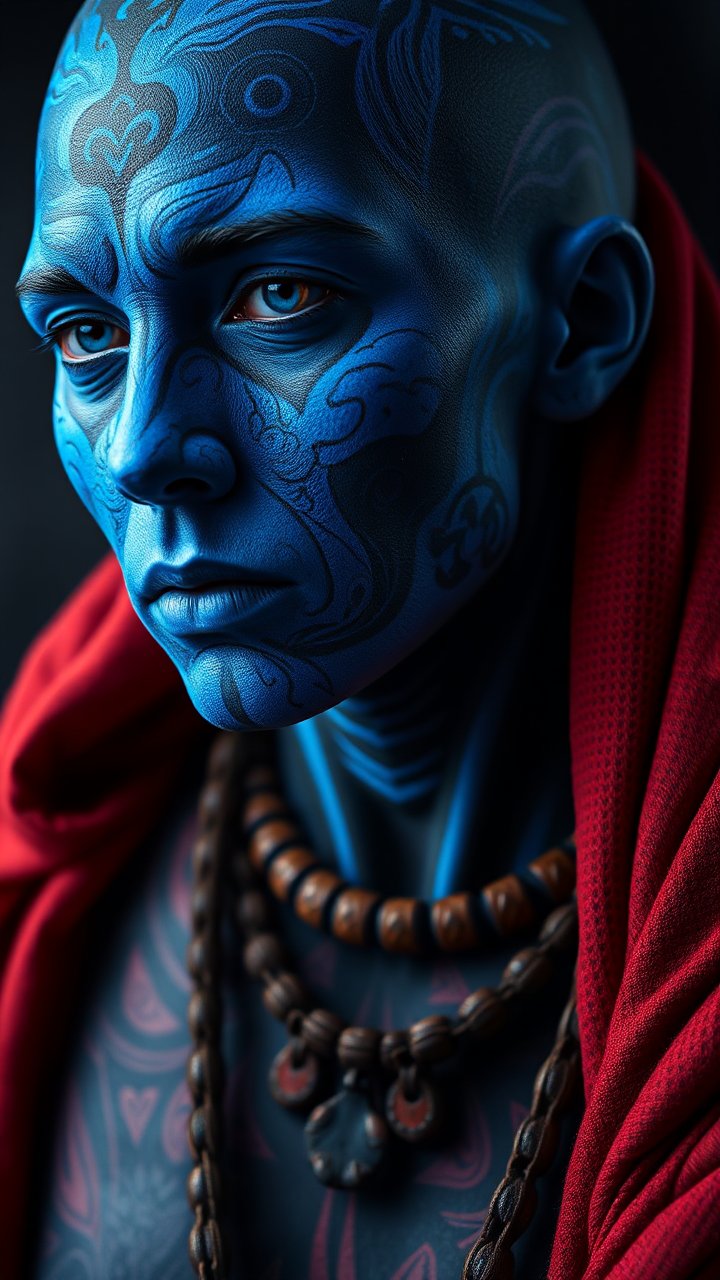 Portrait of a Blue-Skinned Tattooed Figure with Beaded Necklace