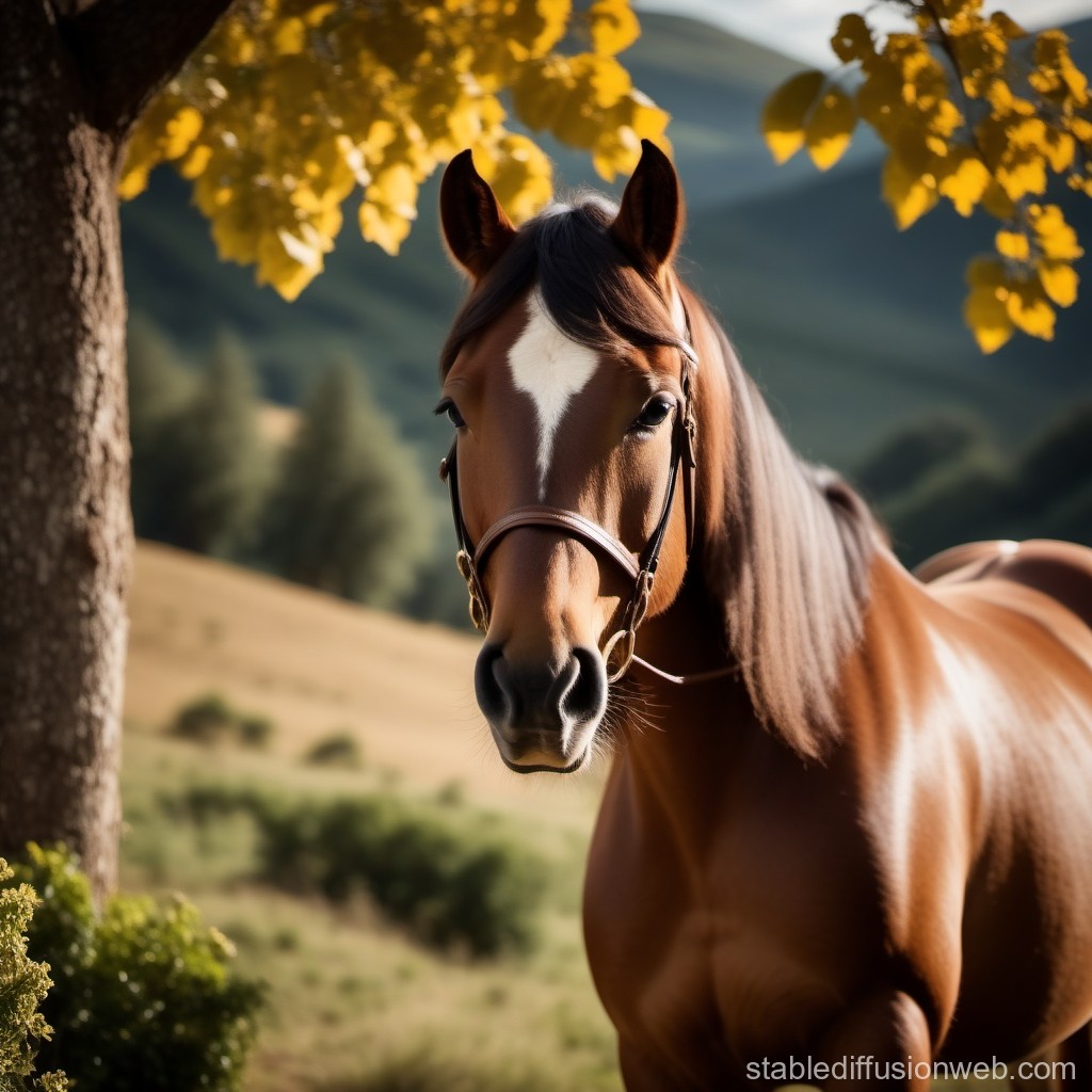 Portrait of a Brown Horse in a Sunny Countryside