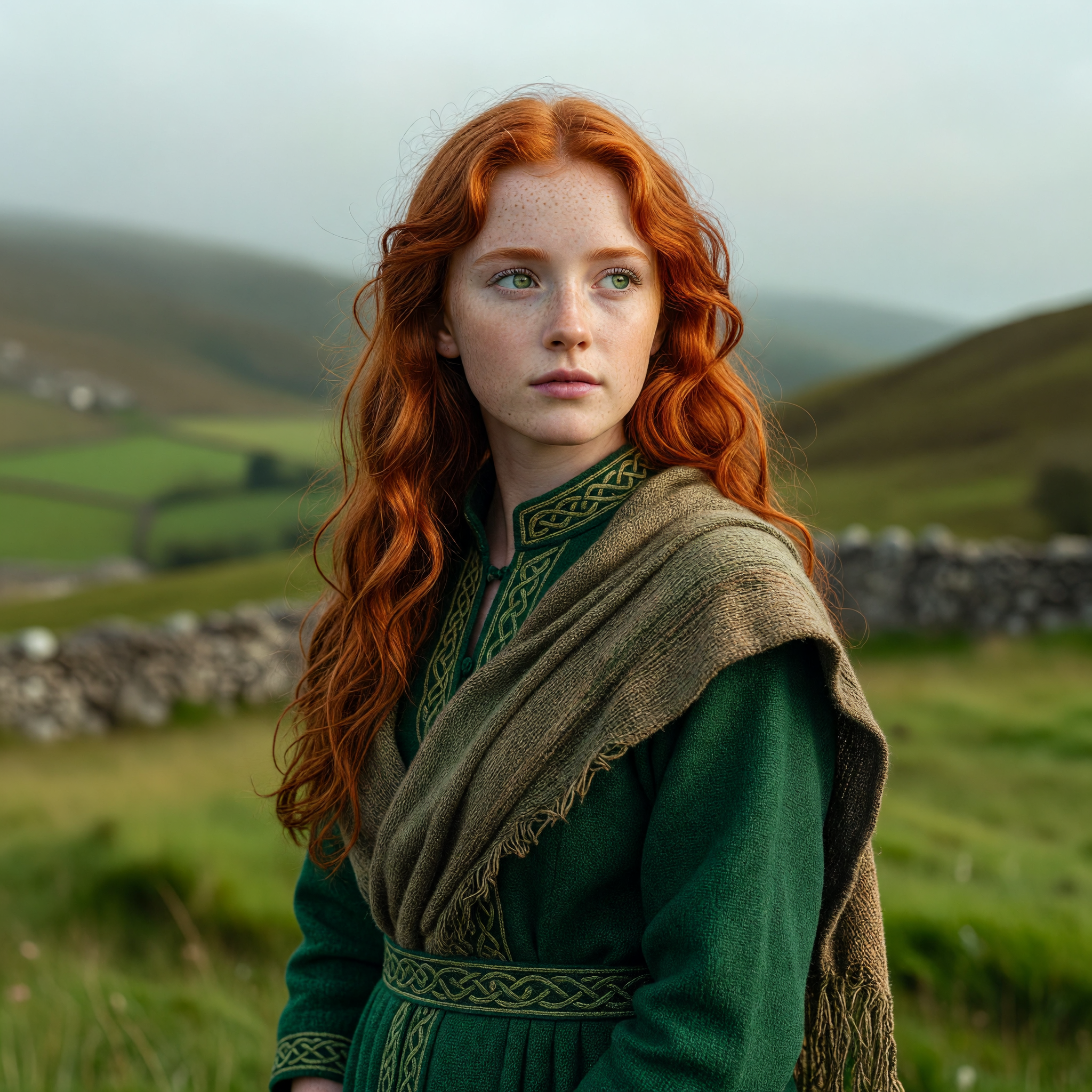 Portrait of a Celtic Redhead Woman in Traditional Attire