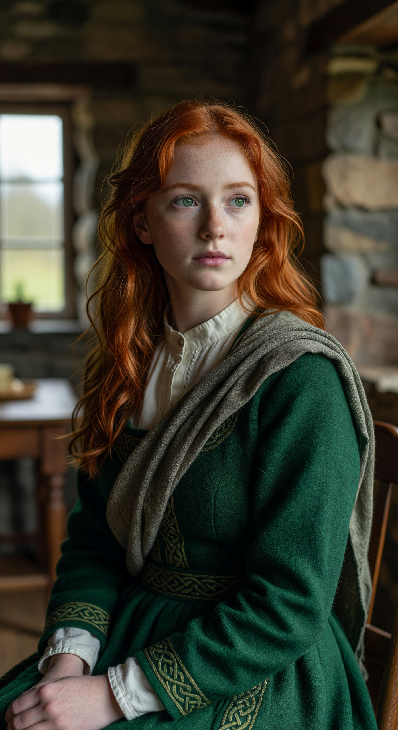 Portrait of a Fiery Red-Haired Irish Maiden in Traditional Dress