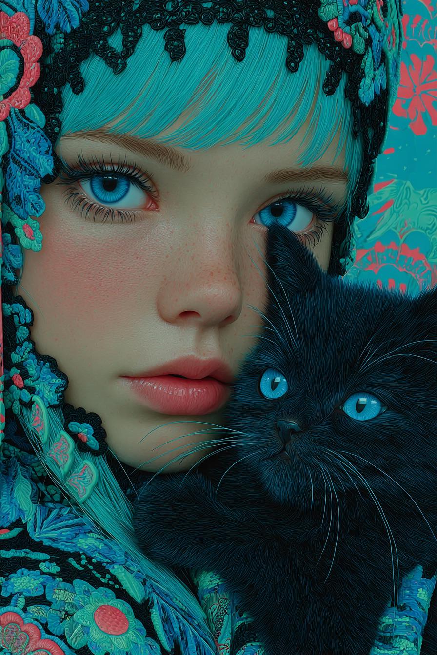 Portrait of a Girl with Blue Hair and a Black Cat