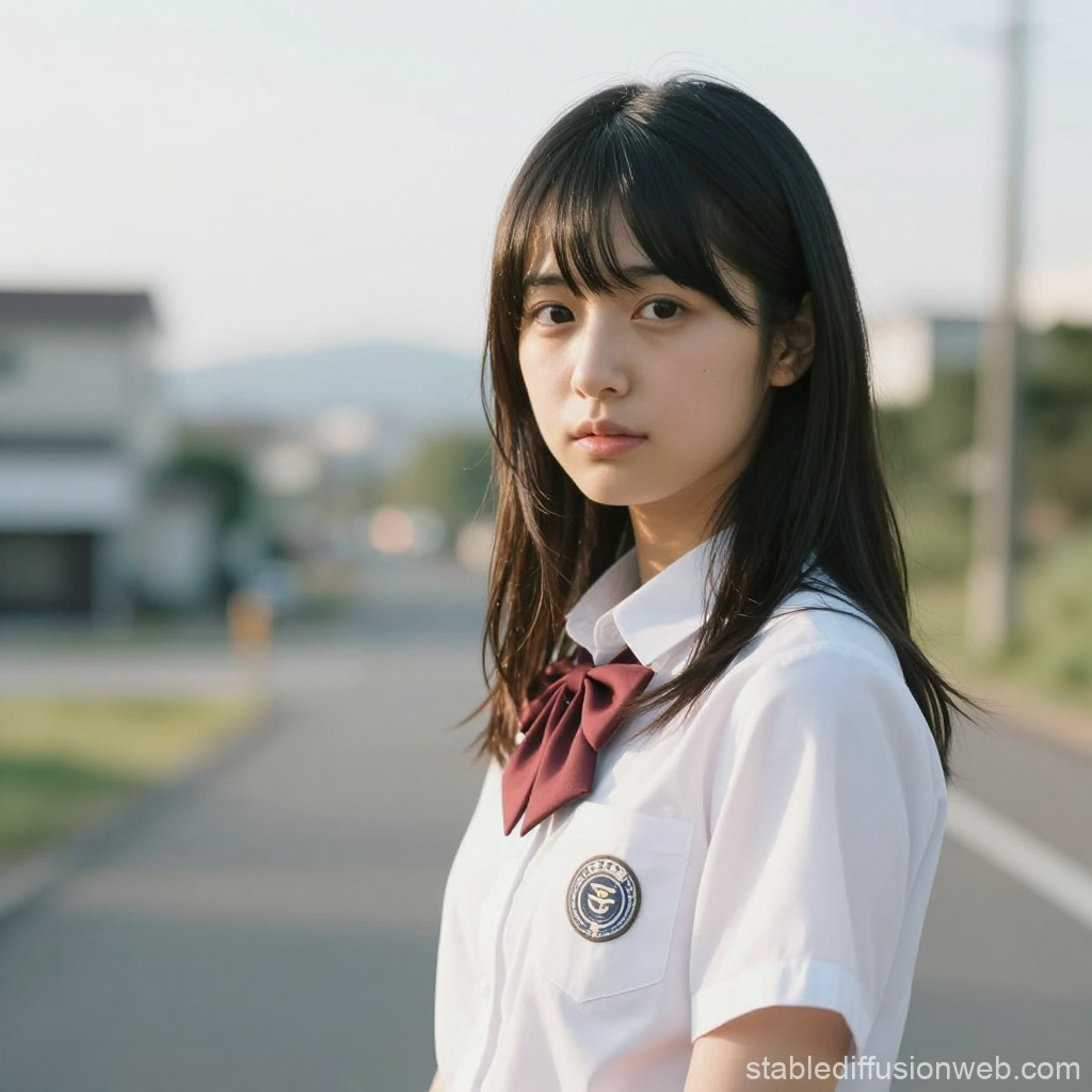 Portrait of a Japanese Schoolgirl in Uniform Outdoors