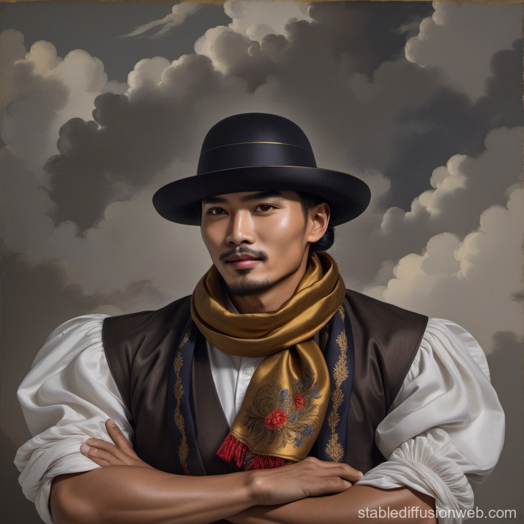 Portrait of a Man in Vintage Attire with Dramatic Clouds
