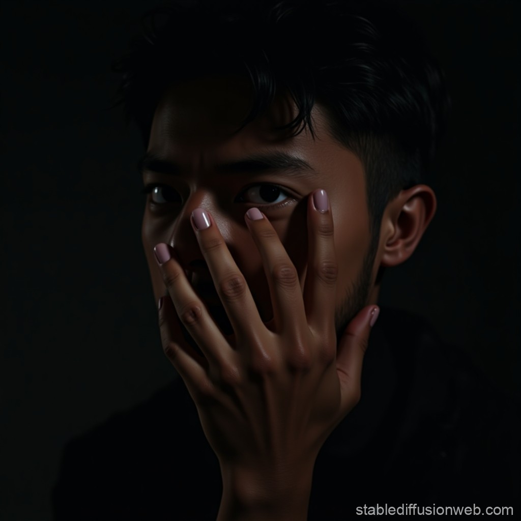 Portrait of a Man Partially Covered by Hand in Low Light